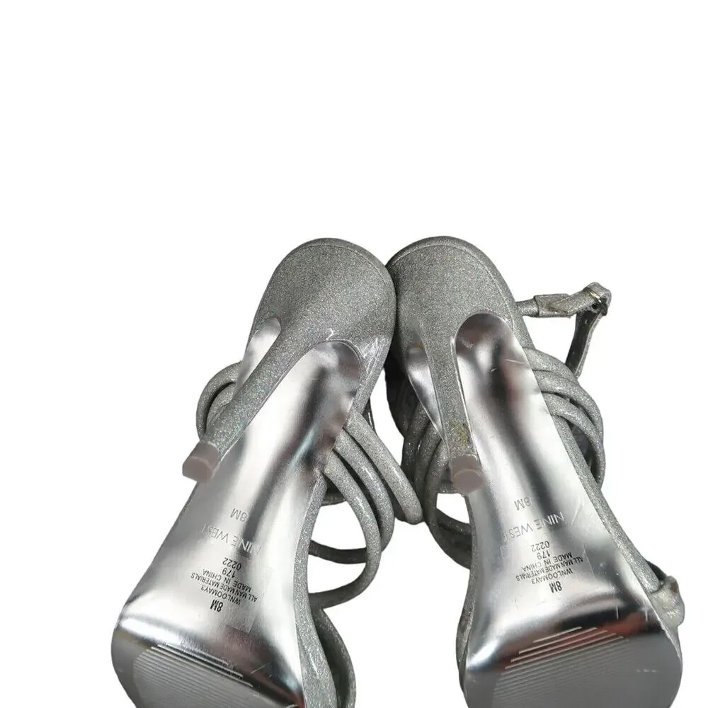 Nine West Shoes Womens 8 Heeled Sandal Ankle Strap Pumps Platform Silver Glitter